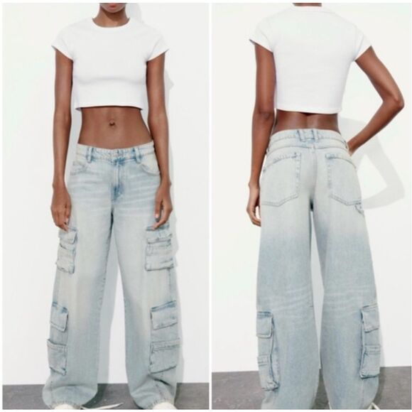 Zara Denim - Zara high rise baggy cargo wide leg jeans size 8